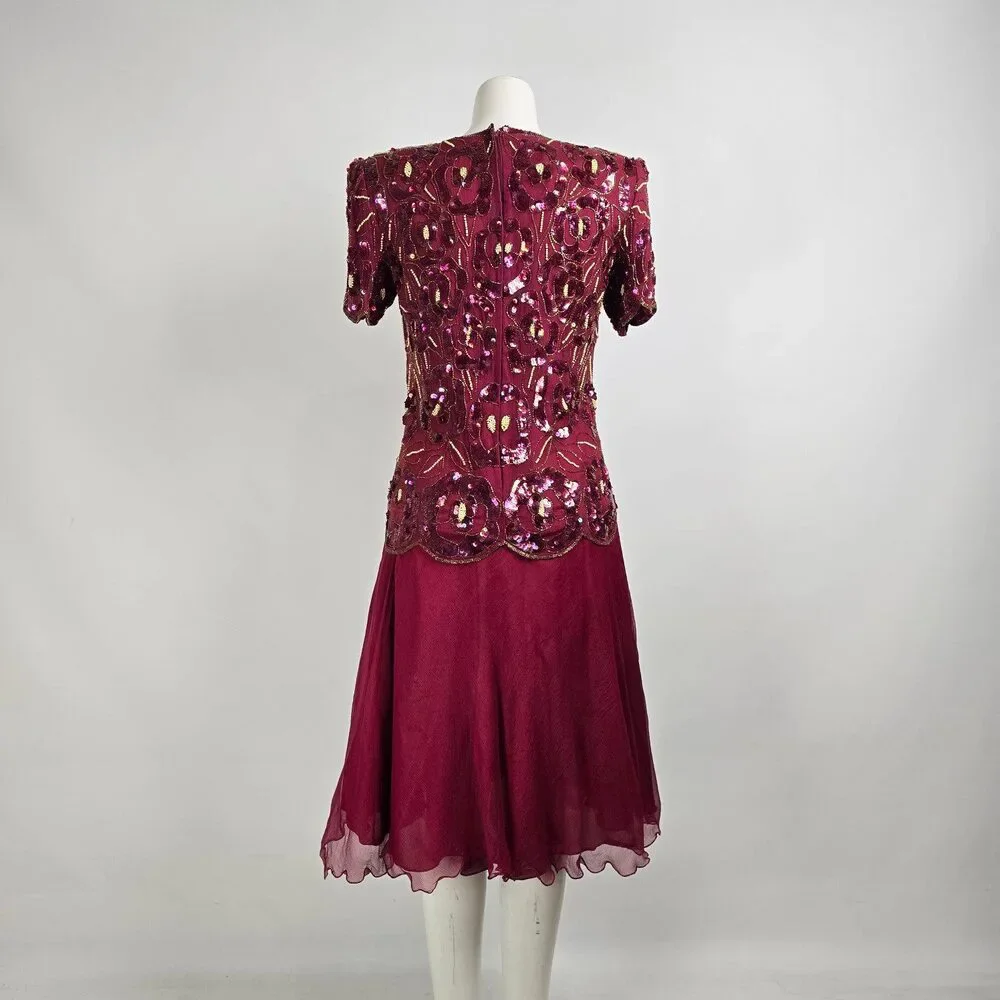 Vintage Silk Burgundy Beaded Sequined Midi Dress Size M - Picture 7 of 9